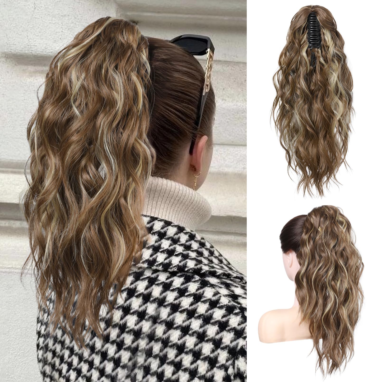 FLUFYMOOZ Ponytail Extension, 18 Inch Claw Clip Ponytail Extension, Wavy Curly Claw Clip in Ponytail Hair Extensions, Synthetic Hairpiece for Women (Cool Brown with Blonde Highlights)