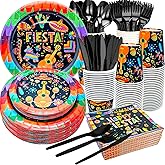 175Pcs Mexican Birthday Party Supplies, Fiesta Party Set9"&7" Cinco De Mayo Carnival Plates Napkins Cup Knive Fork Spoon for Mexican Cinco De MayoParty Decoration Serve25