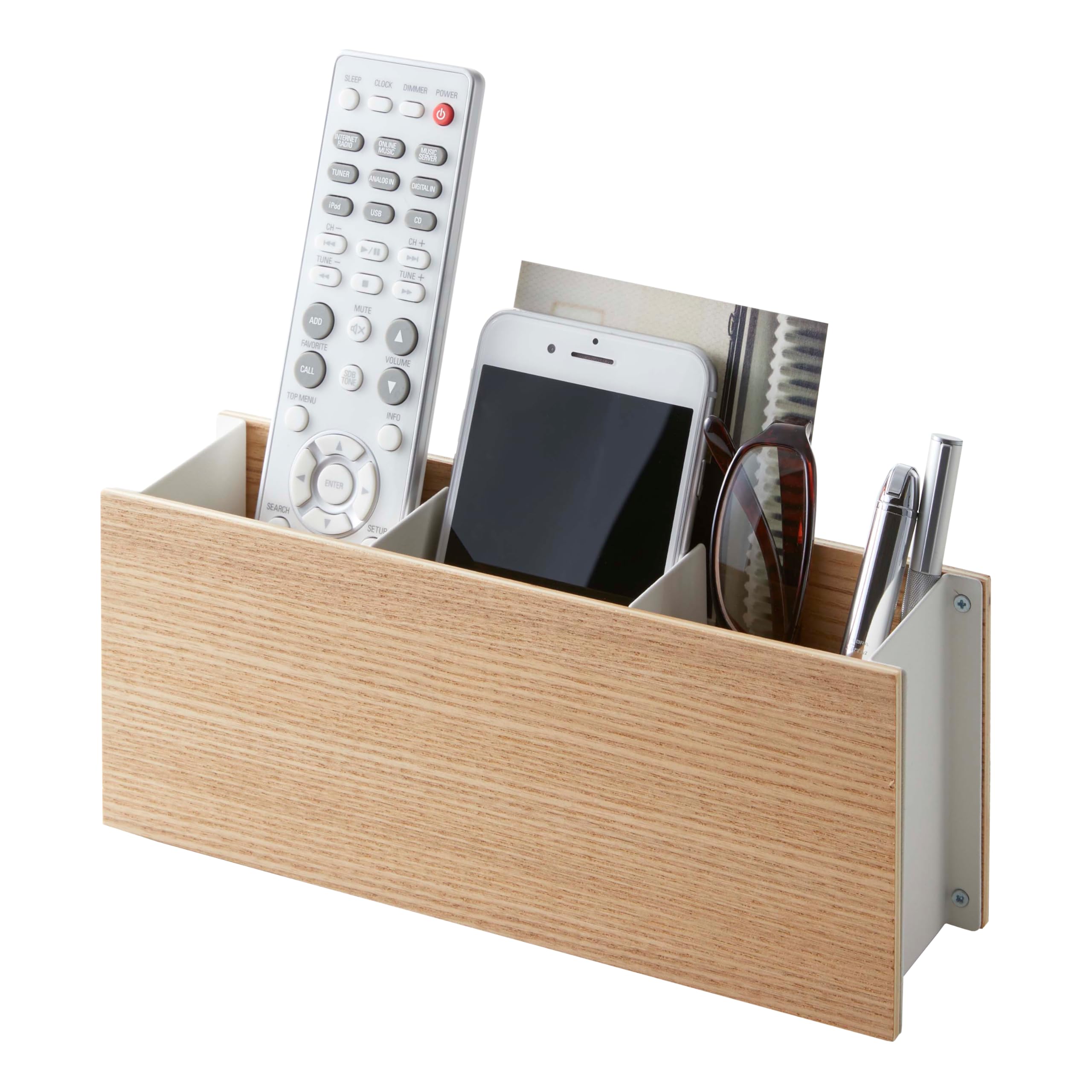 Yamazaki 2732 RIN Pen Stand & Remote Control Rack, white, Wood/Steel, Minimalist, 25 x 7 x 10.2 cm