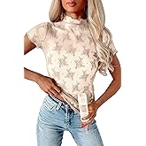 APOOU Womens Floral Sheer Mesh Lace Tops Mock Neck Short Sleeve Shirt Sexy See Through Top Y2k Blouses