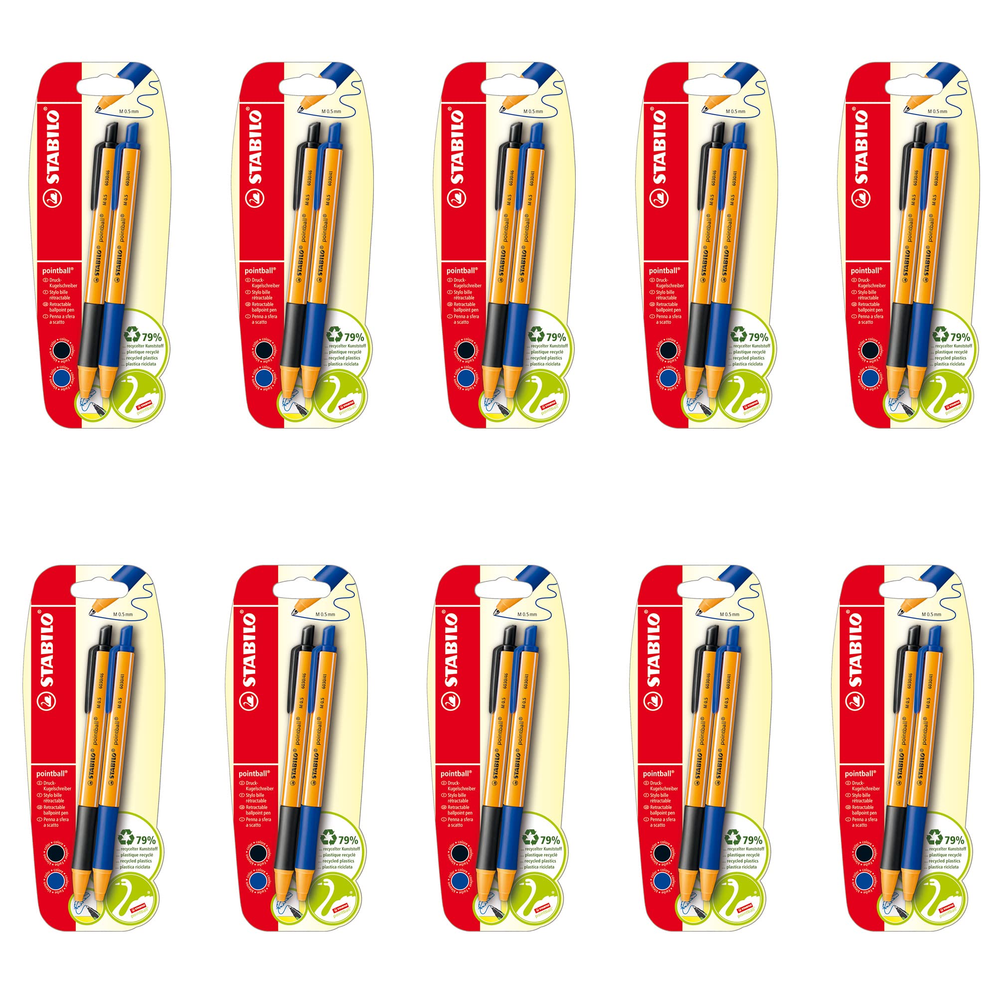STABILO Pointball Retractable Ballpoint Pen 79% Recycled Plastic (Box of 10 Blister Packs of 2) Blue/Black