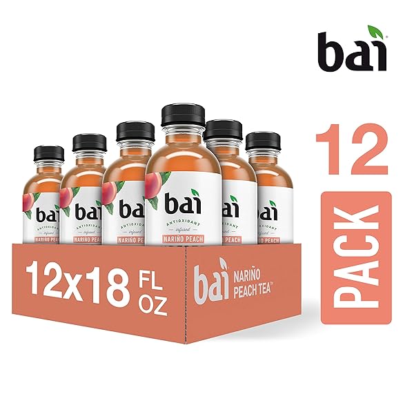 BAI ICED TEA, NARINO PEACH, ANTIOXIDANT INFUSED SUPERTEA, CRAFTED WITH REAL TEA (BLACK TEA, WHITE TEA), 18 FLUID OUNCE BOTTLES, 12 COUNT