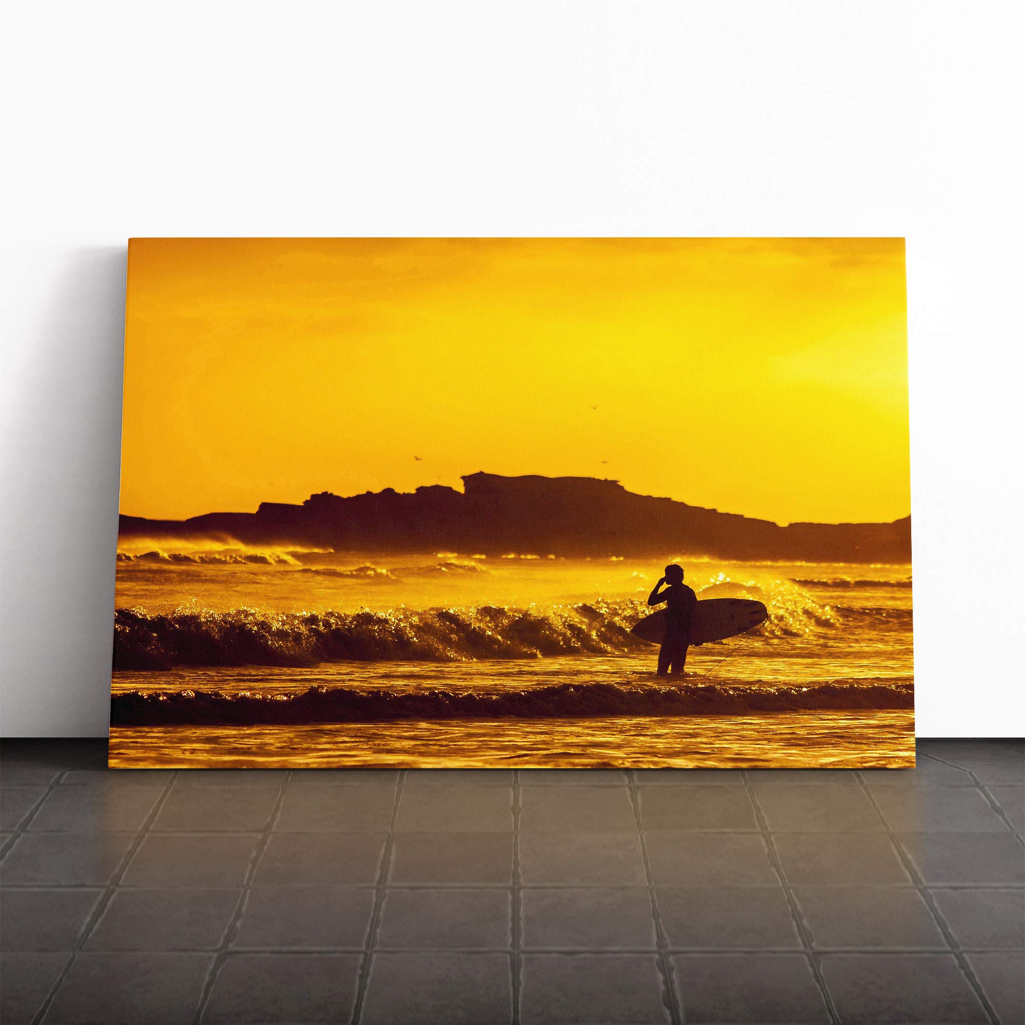 Surfer Surfing Sunset Sesacape Canvas Print | Gallery Wrapped 30mm Frame Wall Art | 20x14 inches | Ready to Hang | Modern Landscape Picture | Living Room Bedroom Lounge Office