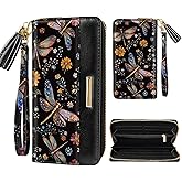 Coco Rossi Wallets for Women RFID Blocking PU Leather Credit Card Holder Organizer Zipper Around Long Cash Slot Wallet Ladies Clutch with Tassel Wristlet Wrist Strap，Dragonfly