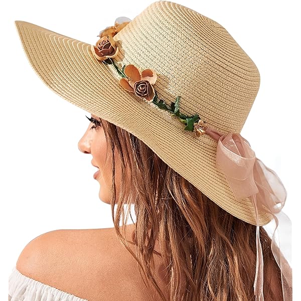 Amazon.com: Womens Flower Straw Hat Wide Brim Summer Beach  display picture 3