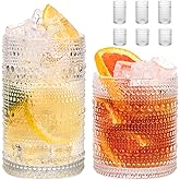 Moretoes Hobnail Drinking Glasses Set of 6, 12 Oz Highball Glasses & 10 Oz Cocktail Glasses, Clear Embossed Boho Glass Cups Kitchen Bar Tumbler Glassware Set for Whiskey, Beer, Juice, Milk (Clear)
