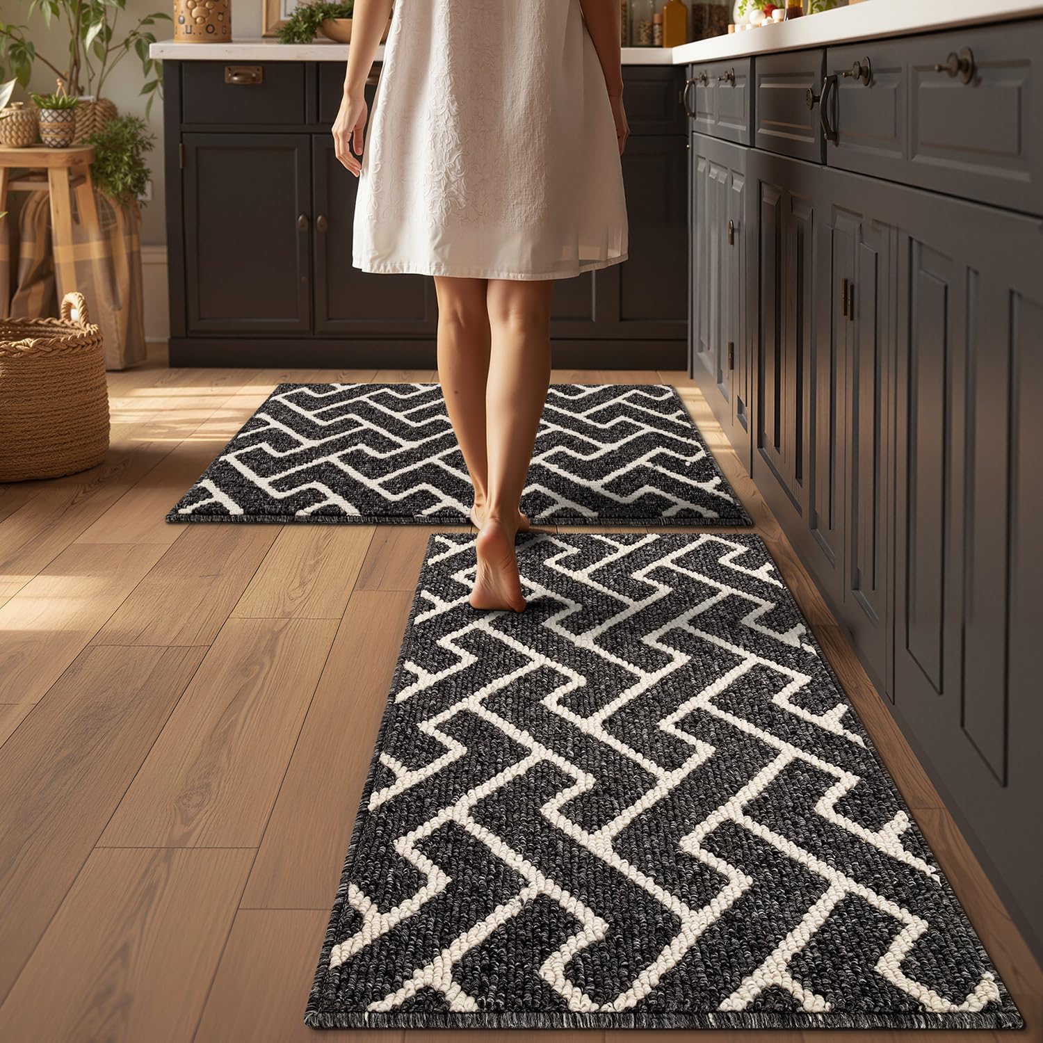 Kitchen Rugs Sets of 2-Non Slip Kitchen Mats for Floor-Thick Stain Resistant Moroccan Kitchen Floor Mat Runner Carpet for Hallways Entryway Laundry Room Washable（Black 24"x35"+24"x35"） Image