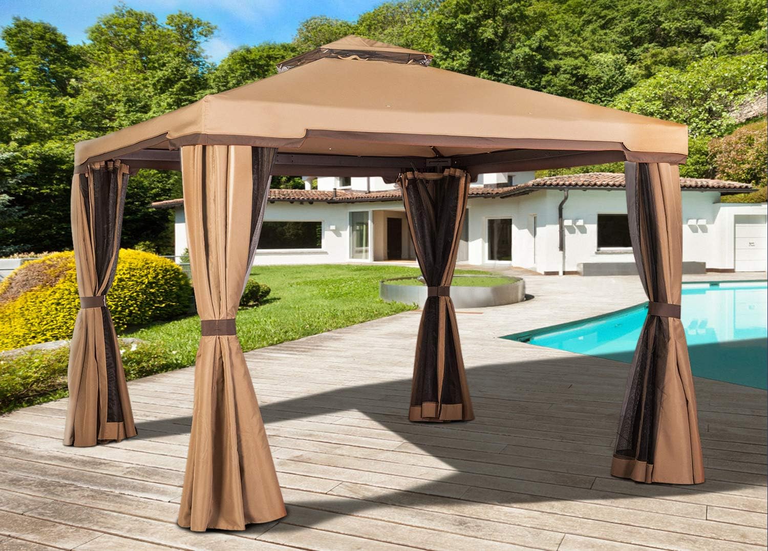 Solaura Patio Furniture 10 X 10 Outdoor Garden Gazebo Light Brown Canopy Tent With Mosquito Netting Amazon Co Uk Garden Outdoors