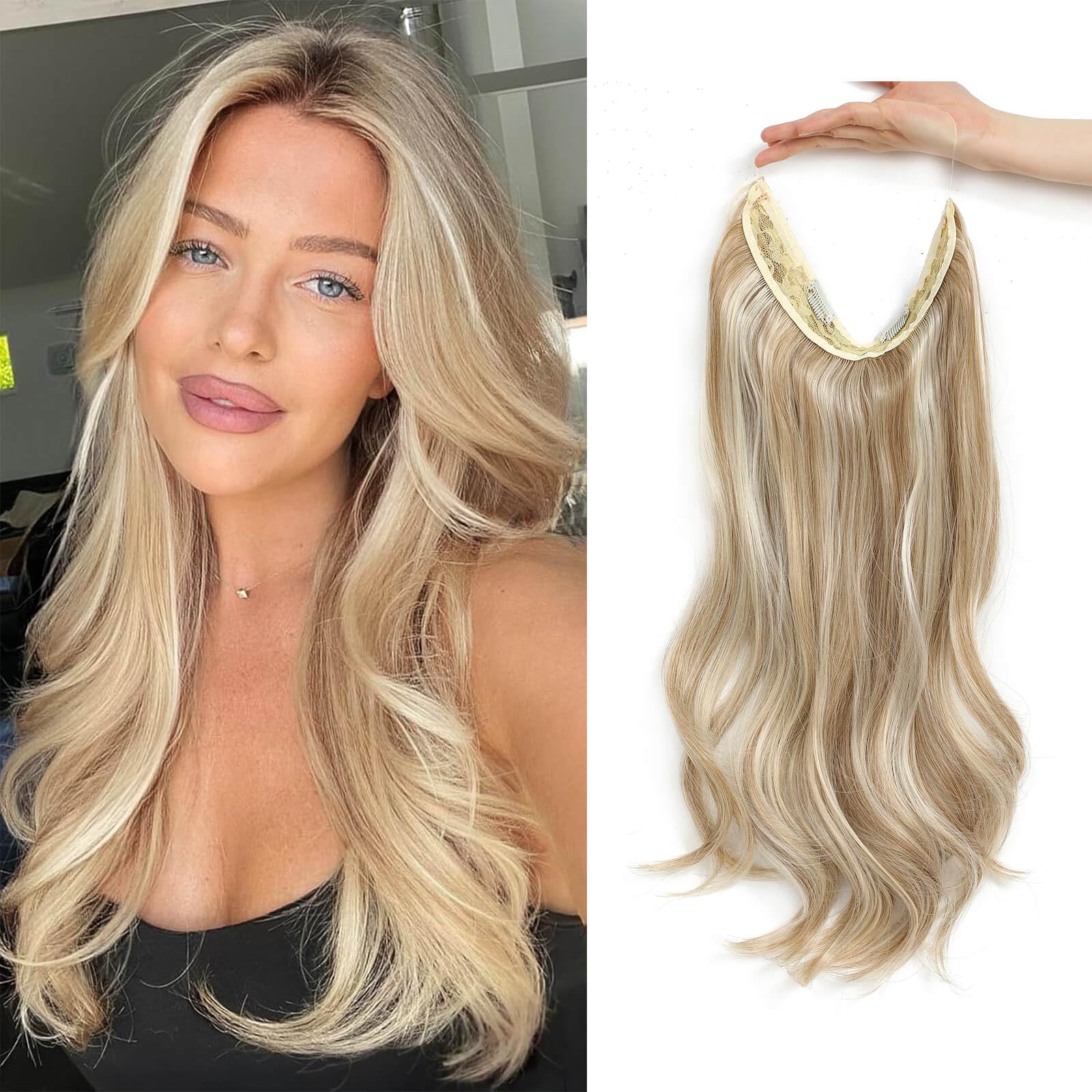 Flyroseing Body Wavy Halos Hair Extension, 18 Inch Synthetic Fiber Blonde Hair Extensions with Transparent Wire, Blonde with Highlights Hair Extensions Clip In Adjustable Size Secret Hairpiece — image 1