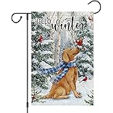 Heyfibro Hello Winter 12 x 18 Inch Double Sided Burlap, Golden Retriever Dog Cardinal Yard Flags for Seasonal Christmas Winter Farmhouse Decoration(ONLY FLAG)
