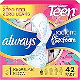 Always Radiant Teen Pads, Size 1, Regular, with Wings, Unscented, 42 Count