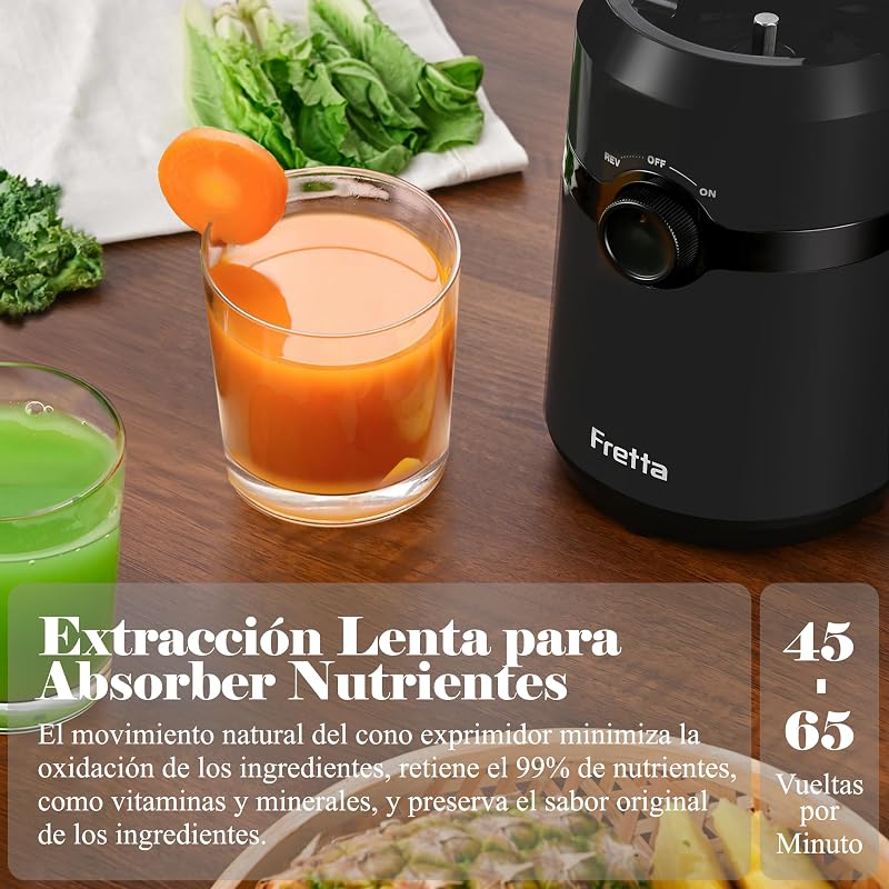 Extractor de Zumos y Verduras, Apertura de 108MM y Capacidad de 1L, Licuadora Prensado en Frio para Verduras Frutas Enteras, 200W Slow Juicer Machine, Fácil Montaje y Limpieza, Sin BPA (Negro)