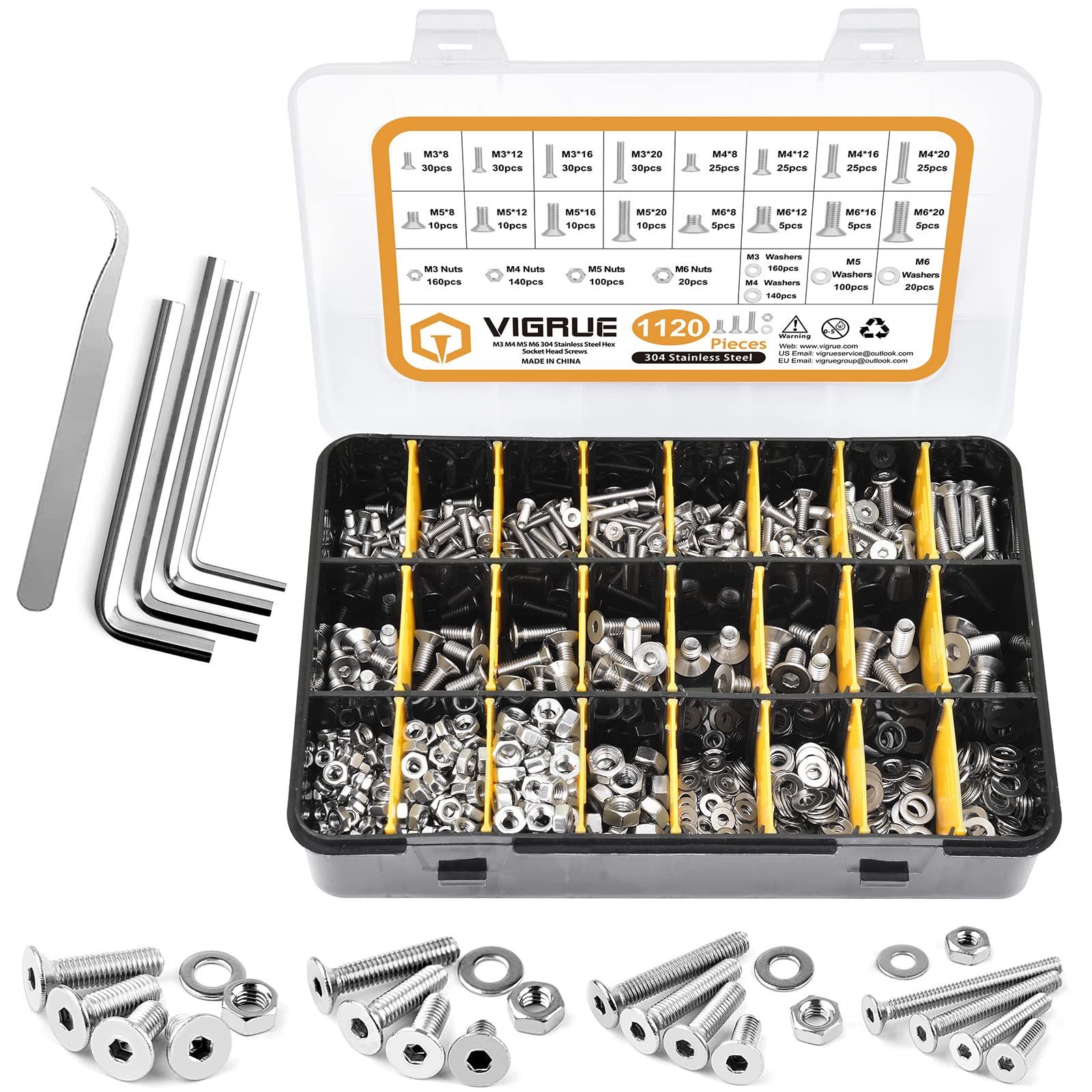 VIGRUE 1120 Pieces M3 M4 M5 M6 Countersunk Screws with Hexagon Socket Hex Flat Button Screw Set A2-70 Stainless Steel Countersunk Screws Nuts and Washers Assortment with Black Storage Case Box