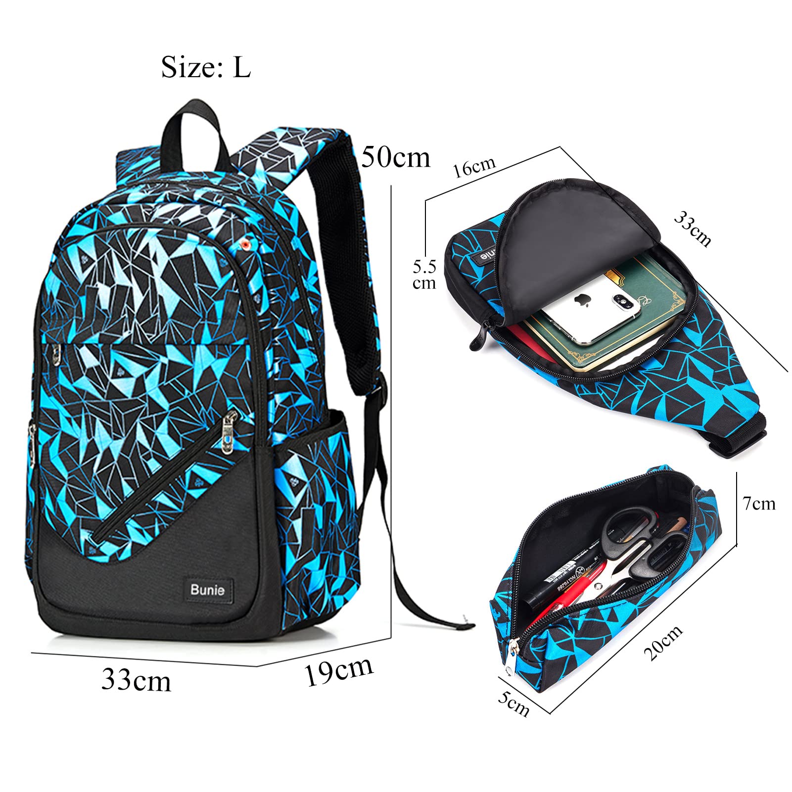 bunie Schulrucksack Jungen Teenager Kinder Große Schule Rucksack Mädchen Schultasche Coole Schulranzen Jungen 2 3 4 5 6 7 Klasse Ranzen Oder 8 9 10 11 12 13 14 15 Jahre School bag for Boys Sets Blau 5