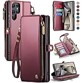 Defencase Compatible with Samsung Galaxy S24 Ultra Case Wallet with RFID Blocking Card Holder for Women, PU Leather Magnetic Snap Flip Zipper Strap Phone Case Fit for Galaxy S24 Ultra 5G, Wine Red