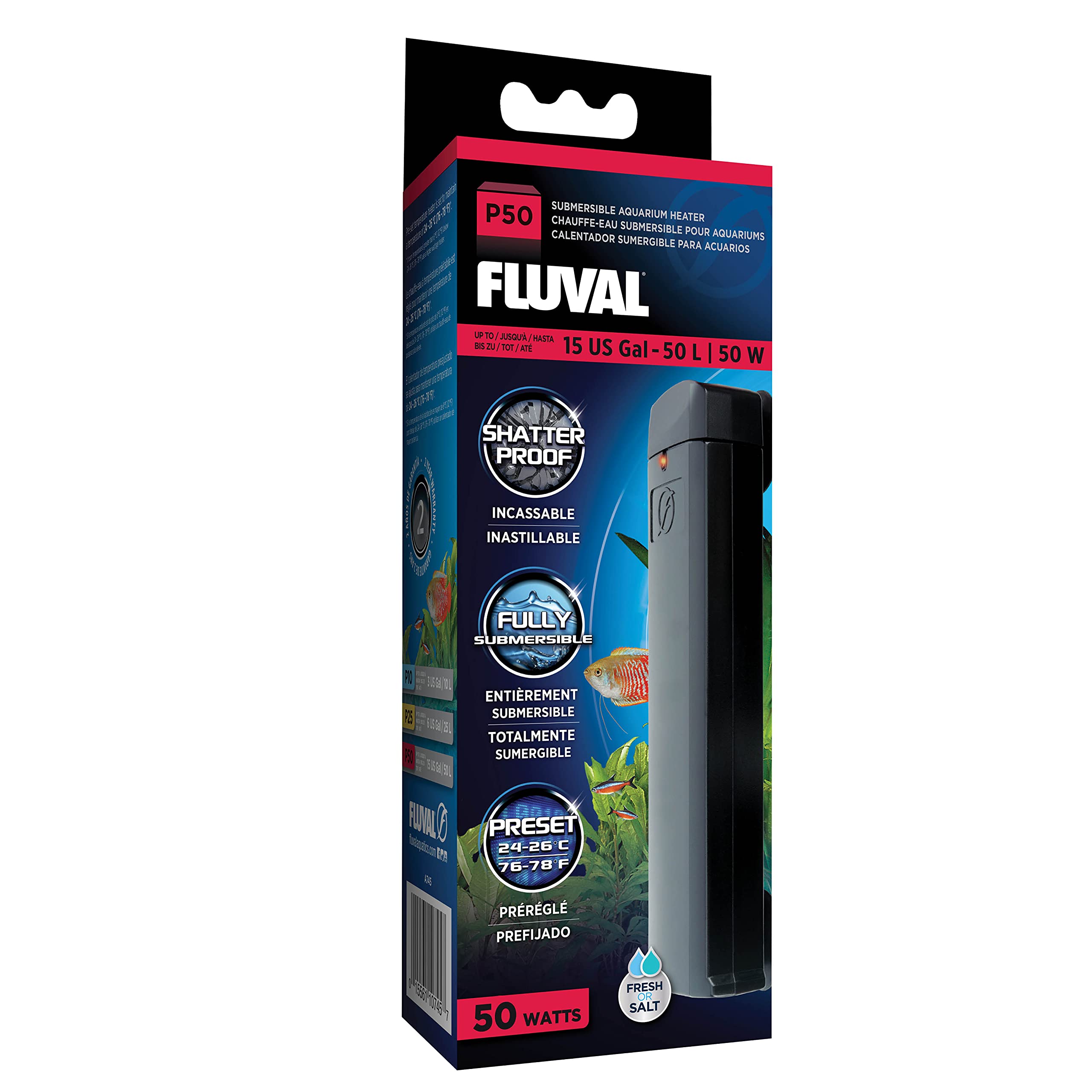Photo 1 of Fluval P50 Submersible Aquarium Heater – 50W, Preset 76-78°F for Freshwater & Saltwater Tanks up to 15 Gal, Shatterproof, Fully Submersible, LED Indicator, Durable & Safe Fish Tank Heater