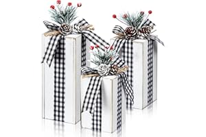 Amyhill 3 Pcs Christmas Wooden Gifts Box Decor Christmas Plaid Presents Table Centerpieces Rustic Wooden Gifts Tiered Tray Decor with Buffalo Plaid Bowknot for Xmas Party (White,Fashion)