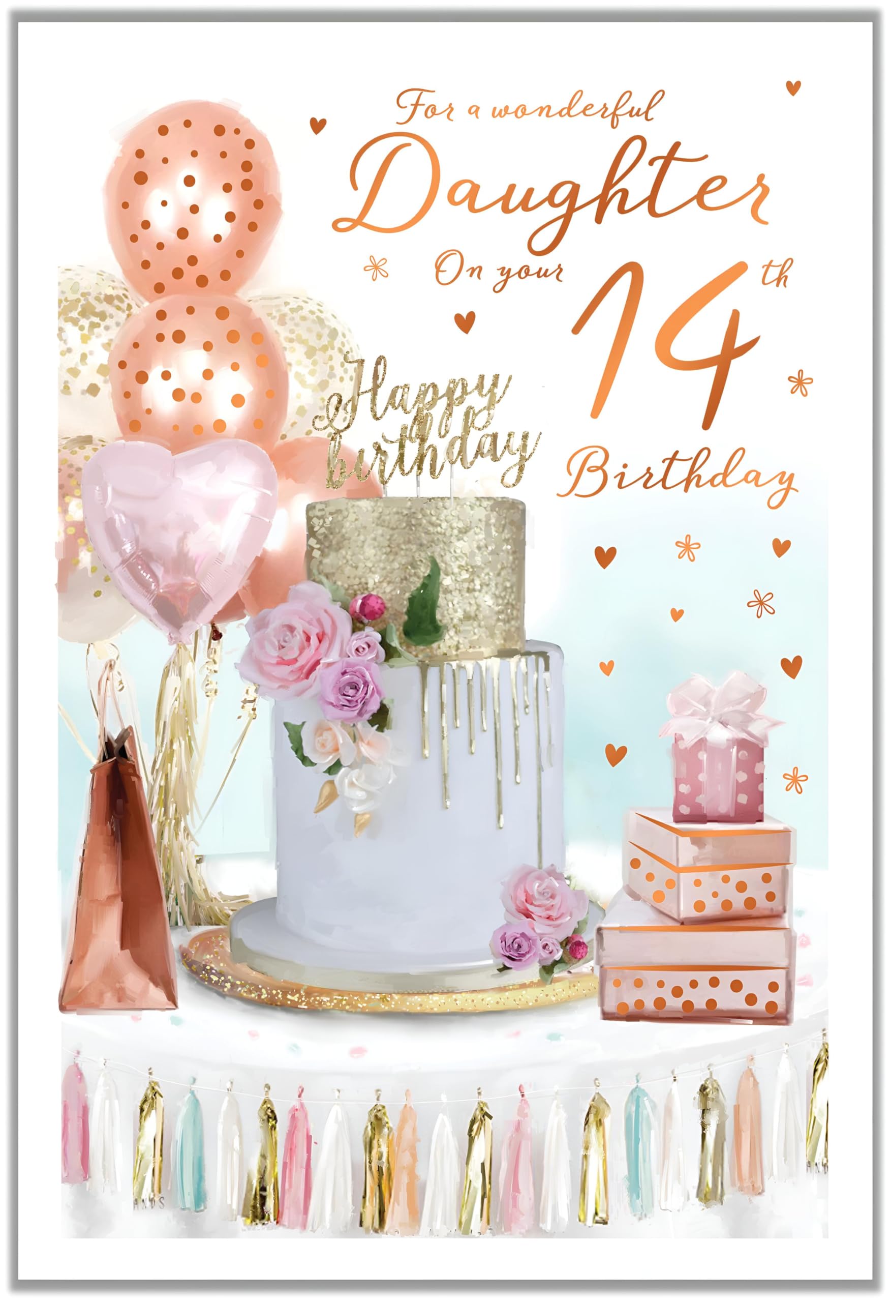 Wonderful Daughter 14th Birthday Card (ICG-7145) - Birthday Cake - Foil and Flitter Finish
