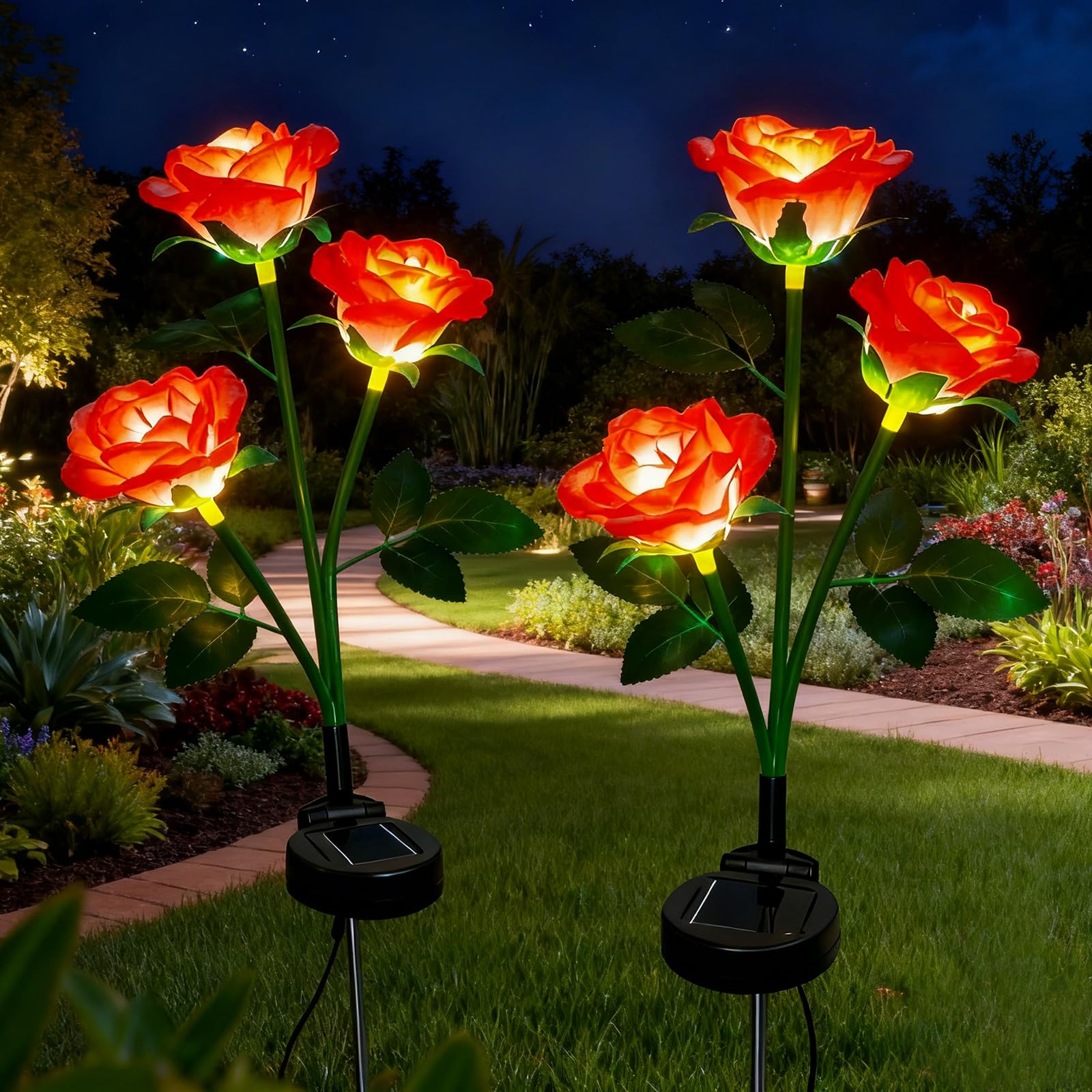 XVZ Solar Flower Outdoor Garden Lights,2 Packs Solar Garden Stake Lamps with 12 Rose Flower Waterproof Decorative Lights for Lawm Garden Patio Yard Pathway Party Holiday Decoration(red)