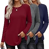 Ficerd 3 Pack Women's Long Sleeve T-Shirts Crew Neck Raglan Sleeve Casual Loose Fit Shirts Side Split Curved Hem Tunic Tops