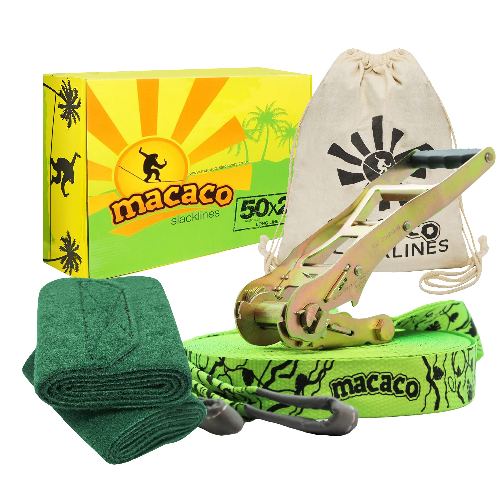 Macaco Slackline Kit 26m Long | Extra long ratchet for More Tension and Bounce | Slack Line for fun stuff with Outside Toys | Forest School Equipment | Circus Skills Equipment for Kids | Gymnastics โ image 1