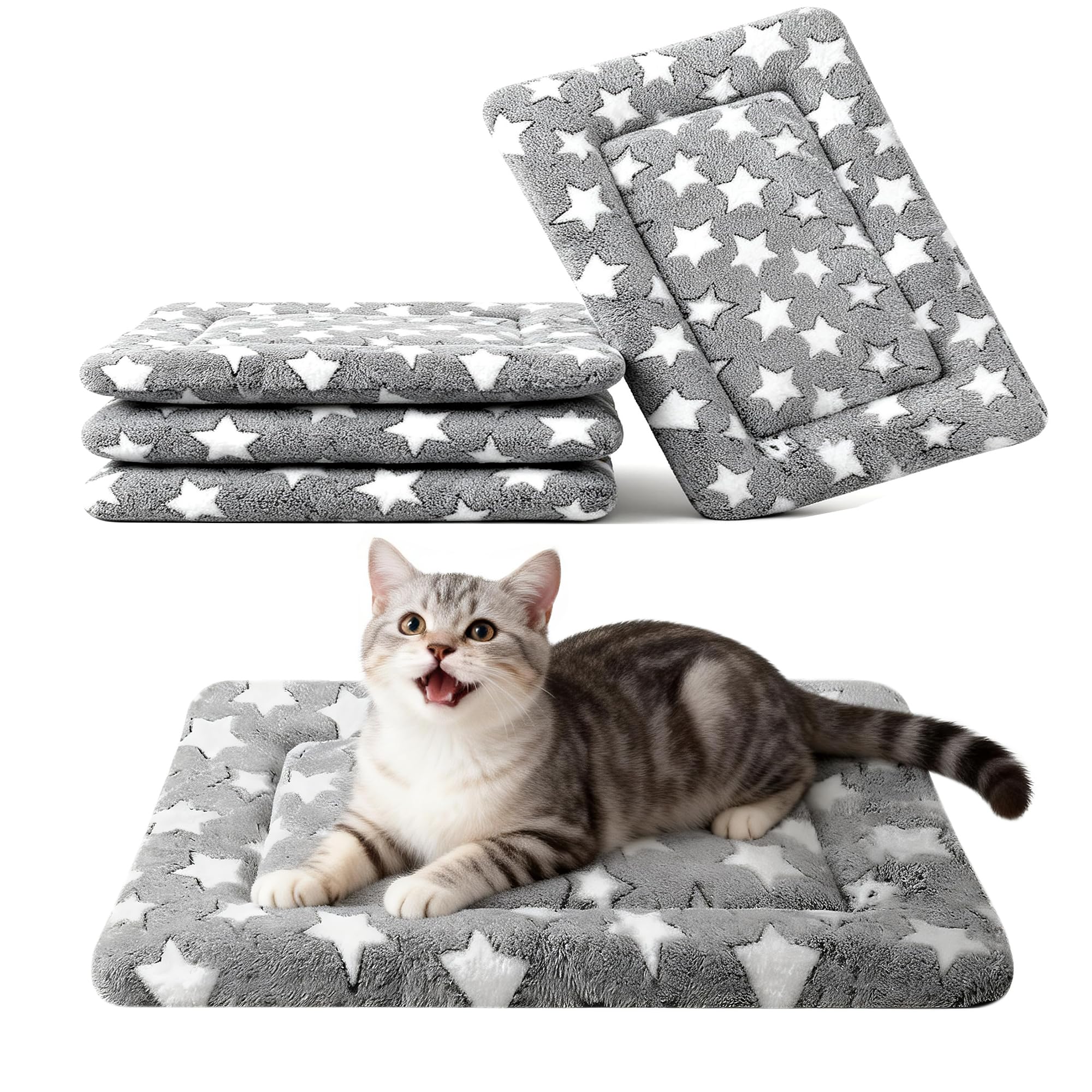 Fogkiss Dog Crate Mat, 4 Piece Reversible Pet Bed, Polyester, Machine Washable, Small Dogs & Cats, Rectangular (Gray Star, 18" L x 14" W x 1.5Th) Image