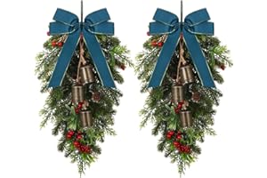 Daifunli 2 Pack Christmas Teardrop Swags 23.6" Artificial Pine Greenery with Rustic Cow Bells Vintage Cedar Pine Needles with Green Bow Red Berries for Front Door Outdoor Farmhouse Wall Hanging Decor