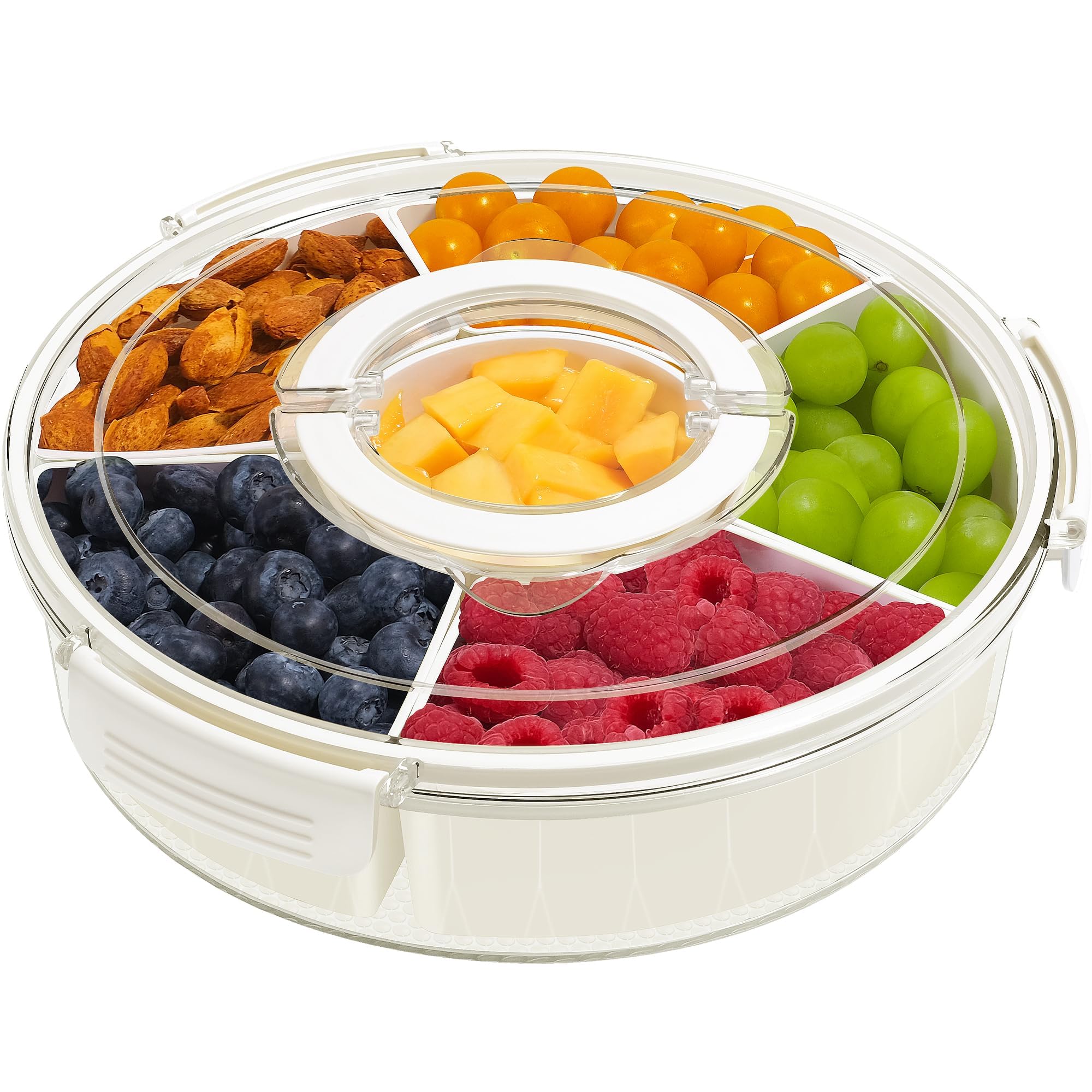 STORICANS Rotating Snack Box Container, Divided Serving Tray with Lid and Handle, Snack Organizer for Adults Fruit Tray, Veggie Tray, Perfect for Party, Entertaining 1 Pack