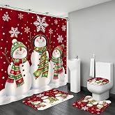 AZHM 4 Pcs Christmas Snowman Shower Curtain Set with Rugs for Bathroom | Bathroom Decor Set with Waterproof Curtain, Bath Mat Toilet Lid Cover U-Shape Rug 12 Hooks 71*71 in for Toilet Washroom