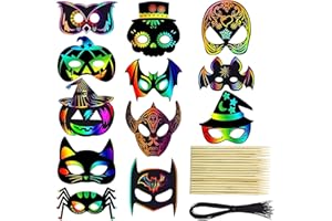 PARSUP 36PCS Halloween Scratch Masks, DIY Rainbow Scratch Paper Mask Art Craft Kit with Bamboo Stylus & Elastic Bands for Magic Scratch Party Favors, Birthday Gifts Pack, Halloween Party for kids