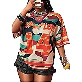RoseSeek Women's Number Print Mesh Jersey Shirt Color Block V Neck Short Sleeve Football T-Shirt