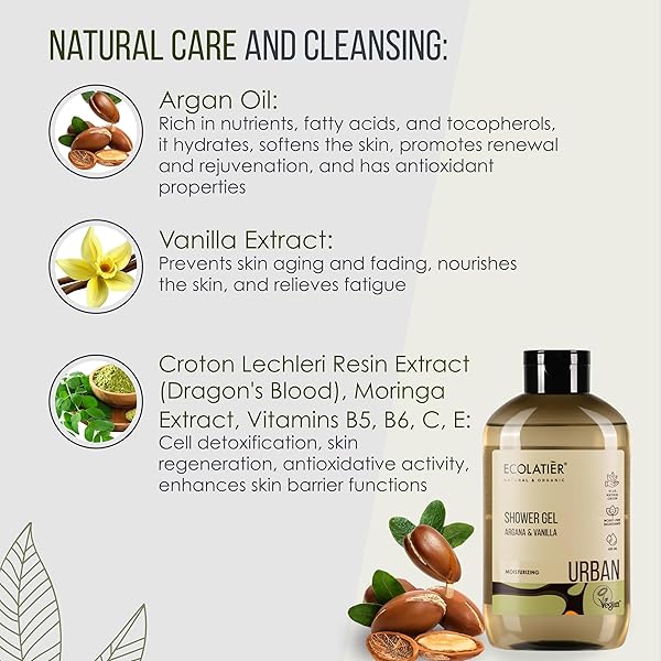 ECOLATIÈR VANILLA BODY WASH WITH ORGANIC ARGAN OIL – MOISTURIZING NATURAL BODY WASH FOR WOMEN & MEN, 97.5% NATURAL INGREDIENTS, VEGAN, HYDRATING & ANTIOXIDANT CARE FOR SOFT, SMOOTH SKIN, 20.3 FL OZ
