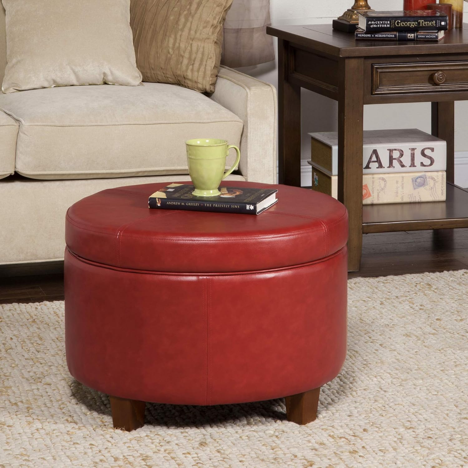 HomePop Round Leatherette Storage Ottoman with Lid, Cinnamon Red: Furniture & Decor