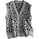 SHENHE Women's Plus Size Leopard Button Up Sweater Vest Scalloped V Neck Sleeveless Cardigan Vest
