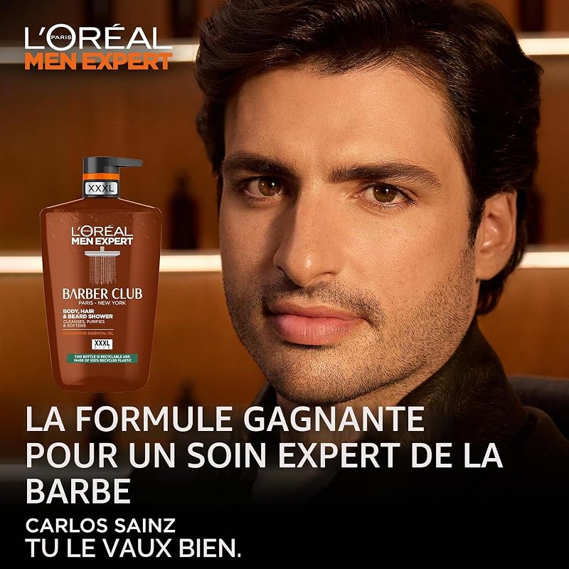 Gel douche Barber Club formulé avec de l'huile de bois de cèdre pour nettoyer, nourrir et hydrater la barbe, la peau et les cheveux, 1L
