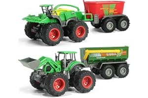KARMOUNT Monster Farm Tractor, Friction Powered Monster Trucks, Die-cast Metal Body Front Loader with Trailer &Fodder Mixer, 