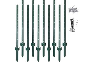 (4 Sizes: 4-5-6-7 Feet) LADECH 5 Feet Sturdy Duty Metal Fence Post with 30 Zip Ties & 20 Post Clips– Garden U Posts for Fencing (Light - Set 10)
