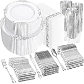YOUBET 700PCS Silver Plastic Plates - White and Silver Disposable Plates - Silvery Plastic Dinnerware Set - Include 200 Plates, 300 Heavy Duty Silverware, 100 Cups and 100 Napkins for Wedding & Party