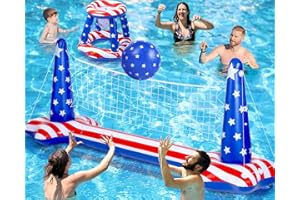 HOLYFUN Inflatable Pool Volleyball Floating Net Set Basketball Hoop with USA Flag Pattern, Summer Pool Water Games for Kids, Teens, Adults and Family