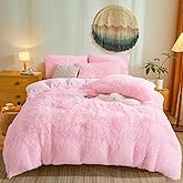 Besfunny Fluffy Pink Comforter Cover Queen Set – Plush Faux Fur Pink Bedding 3-Piece Set (1 Faux Fur Duvet Cover + 2 Furry Pillow Shams) Cozy Fluffy Bed Set
