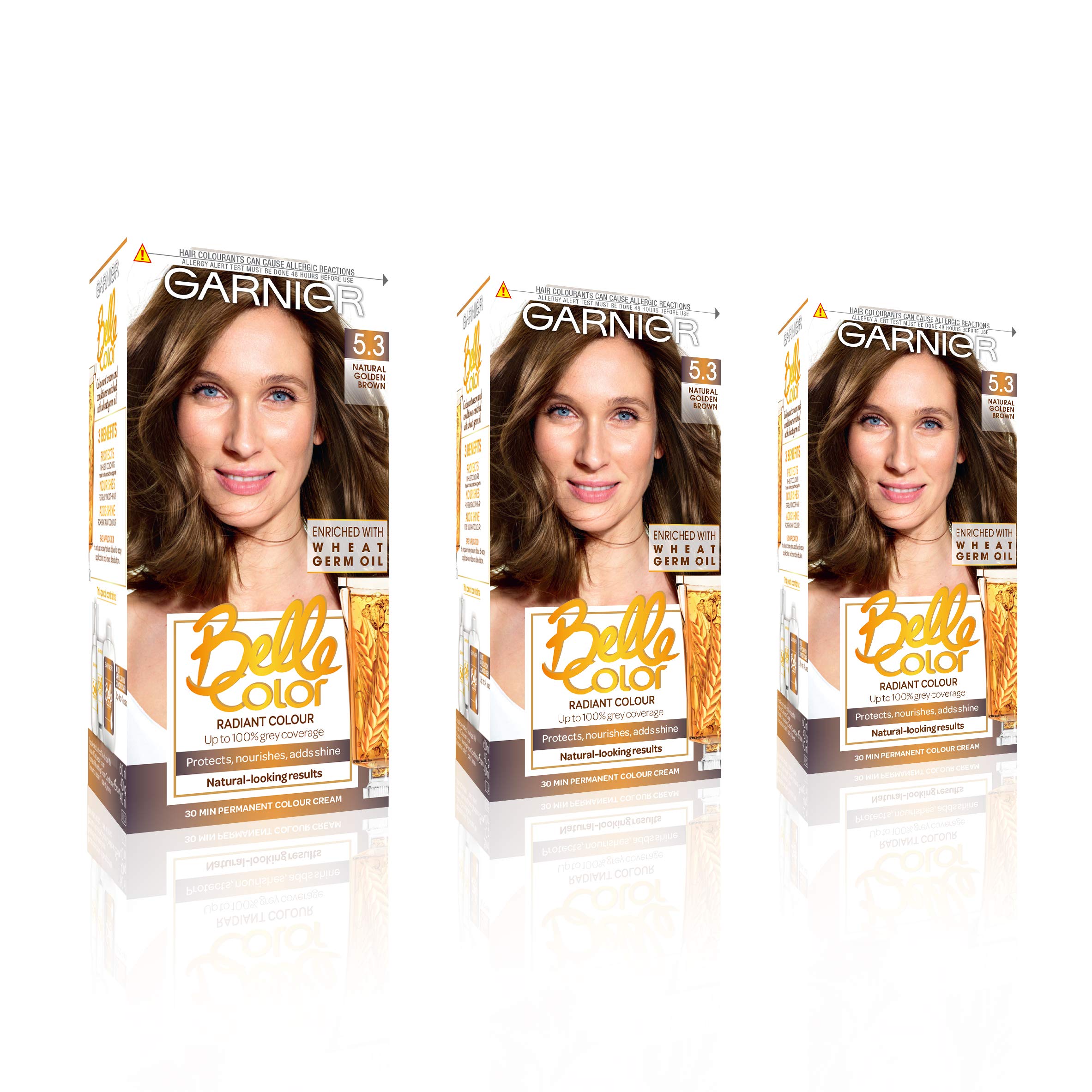 Garnier Belle Color Brown Hair Dye Permanent, Natural looking Hair Colour, up to 100 percentage grey coverage - 5.3 Natural Golden Brown Pack of 3, 3 Count (Pack of 1)