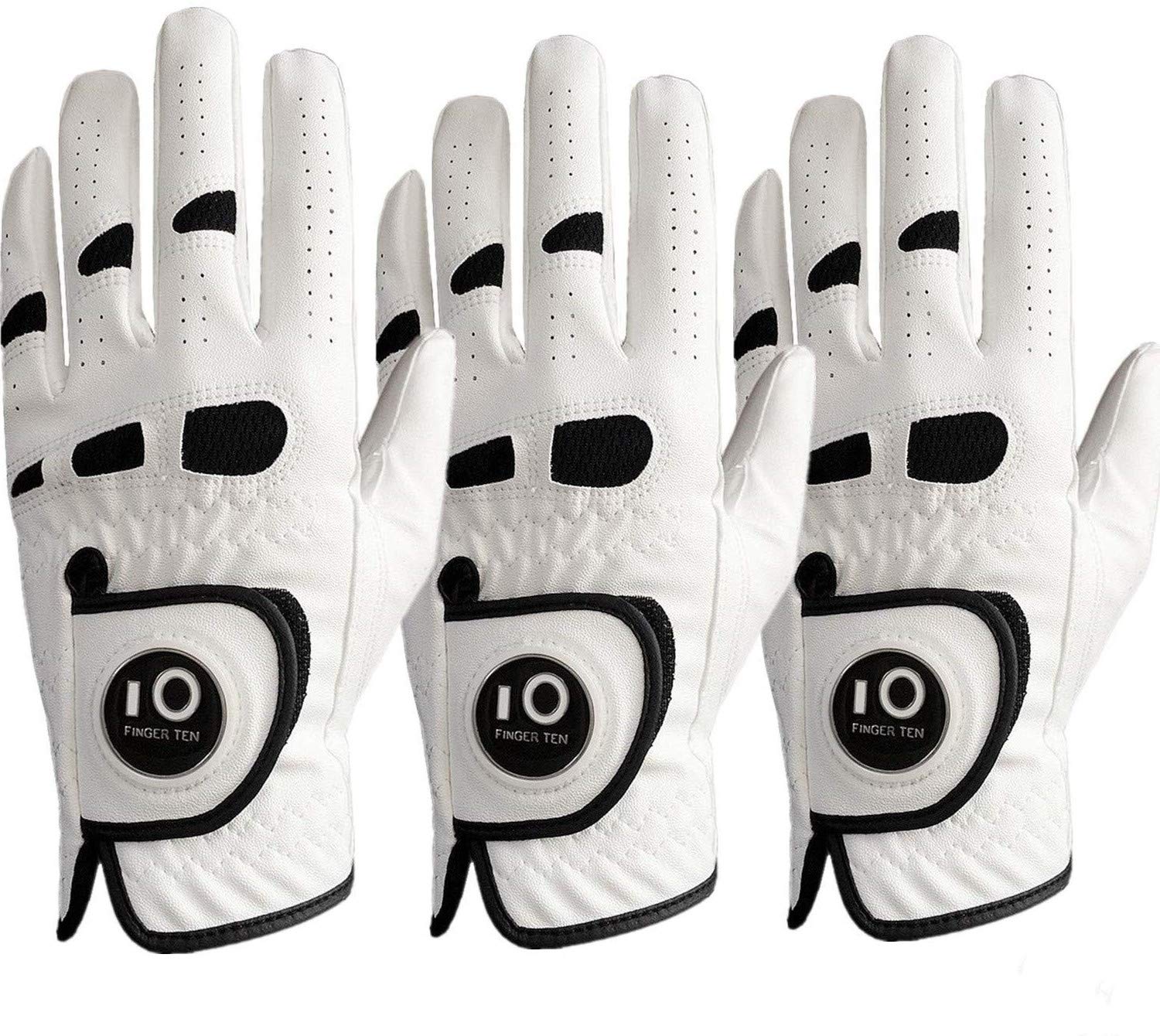 FINGER TEN Golf Gloves Men Left Hand Right with Ball Marker Cabretta Leather Weathersof Value 3 Pack, Rain Grip Golf Glove Mens Wear Resistant (L, 3 Pack (Worn on Left Hand) โ image 1