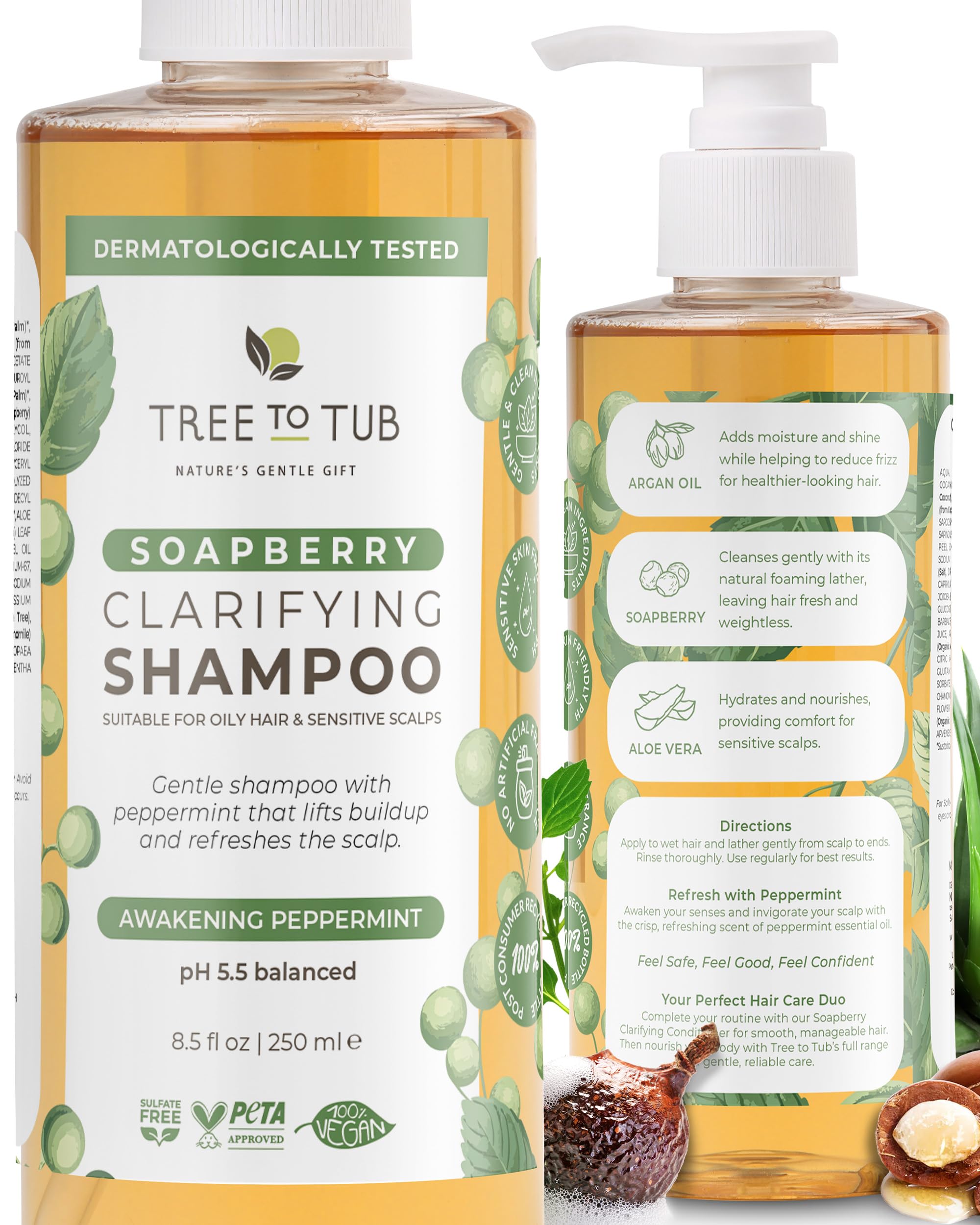 Tree To Tub Peppermint Shampoo for Oily Hair & Sensitive Scalp - Gentle Clarifying for Build Up, Sulfate Free Anti Residue for Women & Men With Organic Argan Oil, Natural Aloe Vera