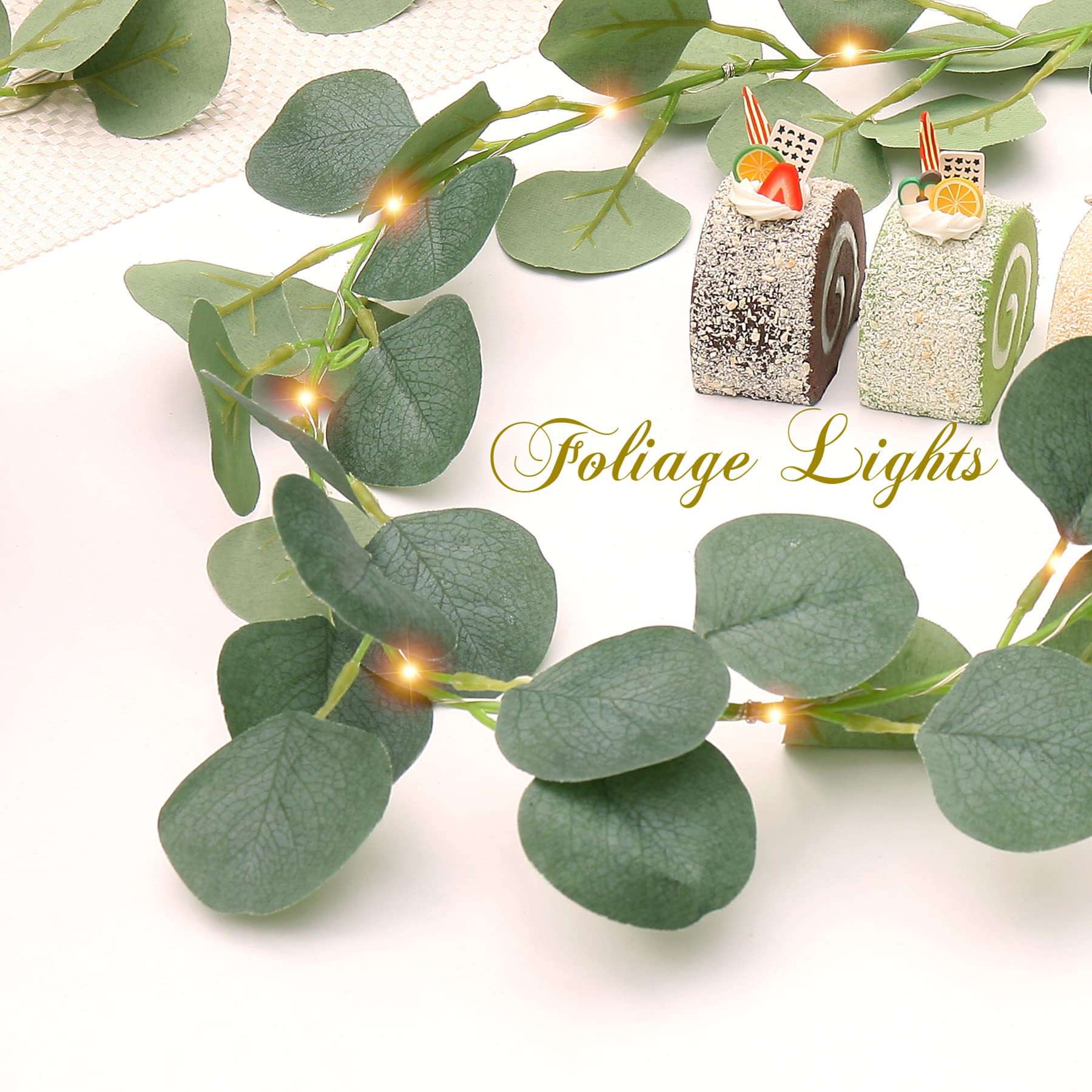 FUCHSUN $$$ Artificial Eucalyptus Leaves Foliage Light Strings, 6.6Ft, 20 LED Greenery Vines Garland and Table Runner,6hrs Timer Battery Operated (Green)