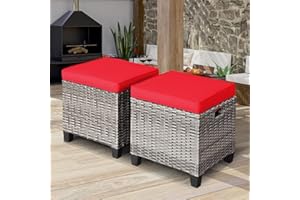 ORALNER Set of 2 Outdoor Ottoman, 16” Wicker Foot Stools, All-Weather Rattan Cube Footstool w/Removable Cushions, Square Footrest Extra Seating for Patio, Porch, Deck, Easy Assembly (Red)