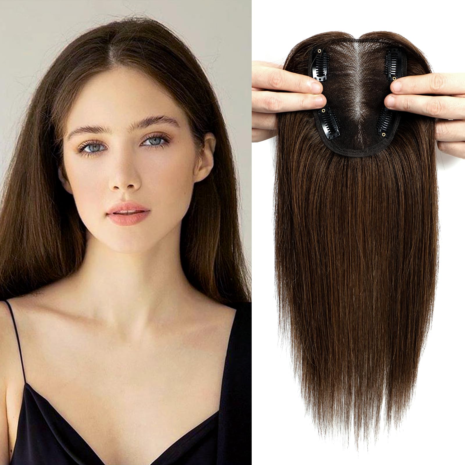 SEA SINGING Human Hair Toppers for Women Real Hair Topper with Thinning Hair 120% Density Round Shaped Swiss Base Clip in Fringe Human Hair Topper Top Hair Pieces 40g-Medium Brown(12inch, 4#)… — image 1