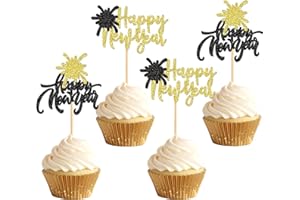 Ercadio 24 PCS Glitter Black Gold Happy New Year Cupcake Toppers 2026 New Year Firework Cupcake Picks Eve Party Decor Supplies