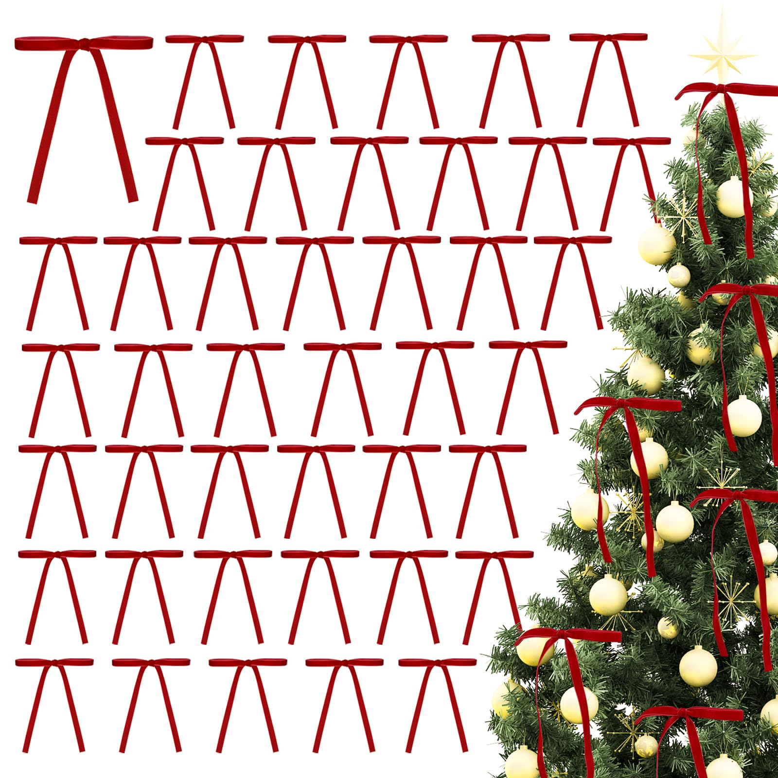 Photo 1 of 48 Pcs Velvet Bows Christmas Tree Ornaments, Vintage Double-Faced Velvet Ribbon Bows for Xmas Tree, Wreath, Garland, Gift Wrapping & Holiday Party Decorations (Red)