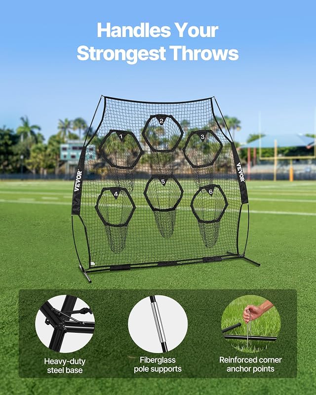 Rete da Allenamento Portatile Rete Rimbalzo per Calcio Rugby Baseball 274 x 106 x 243 cm con 6 Tasche per Bersagli, Borsa Portaoggetti Portatile e Cinghie, Allenamento con Bersaglio, Nero