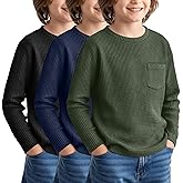 LessonZoo 3 Pack Boys Waffle Long Sleeve T-Shirts 5-14 Years Kids Thermal Pocket Crew Neck Tops Youth Fall Warm Shirts Tees